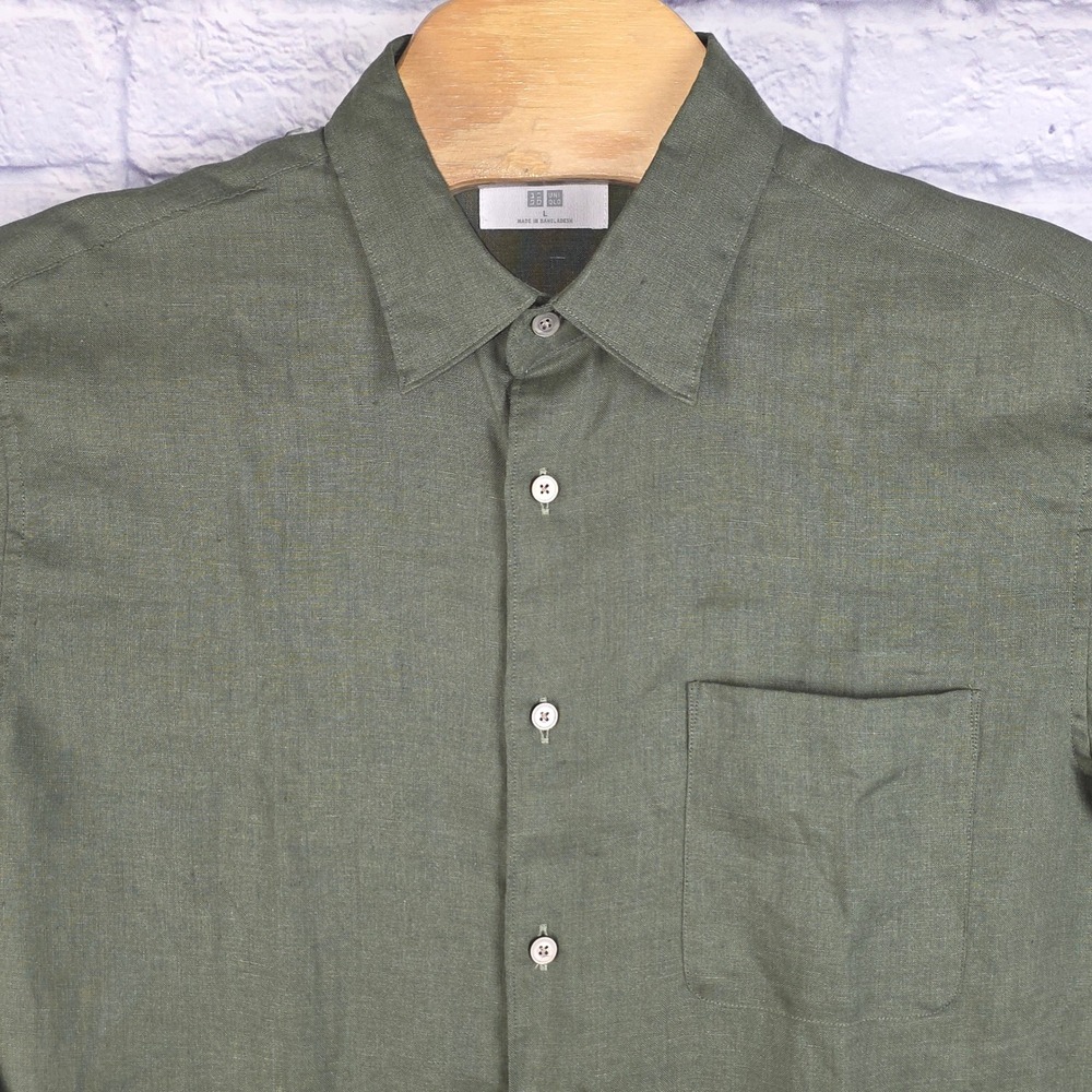 Uniqlo Men Button Up Shirt Olive Green 100% Linen Long Sleeve Size Large